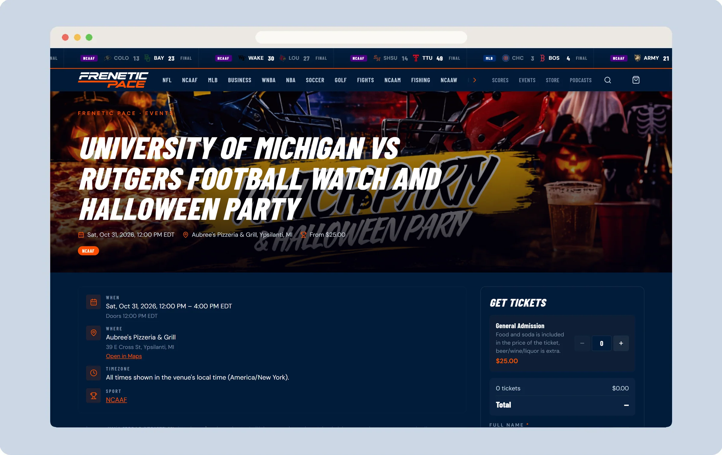 Frenetic Pace · an event page, with ticket sales