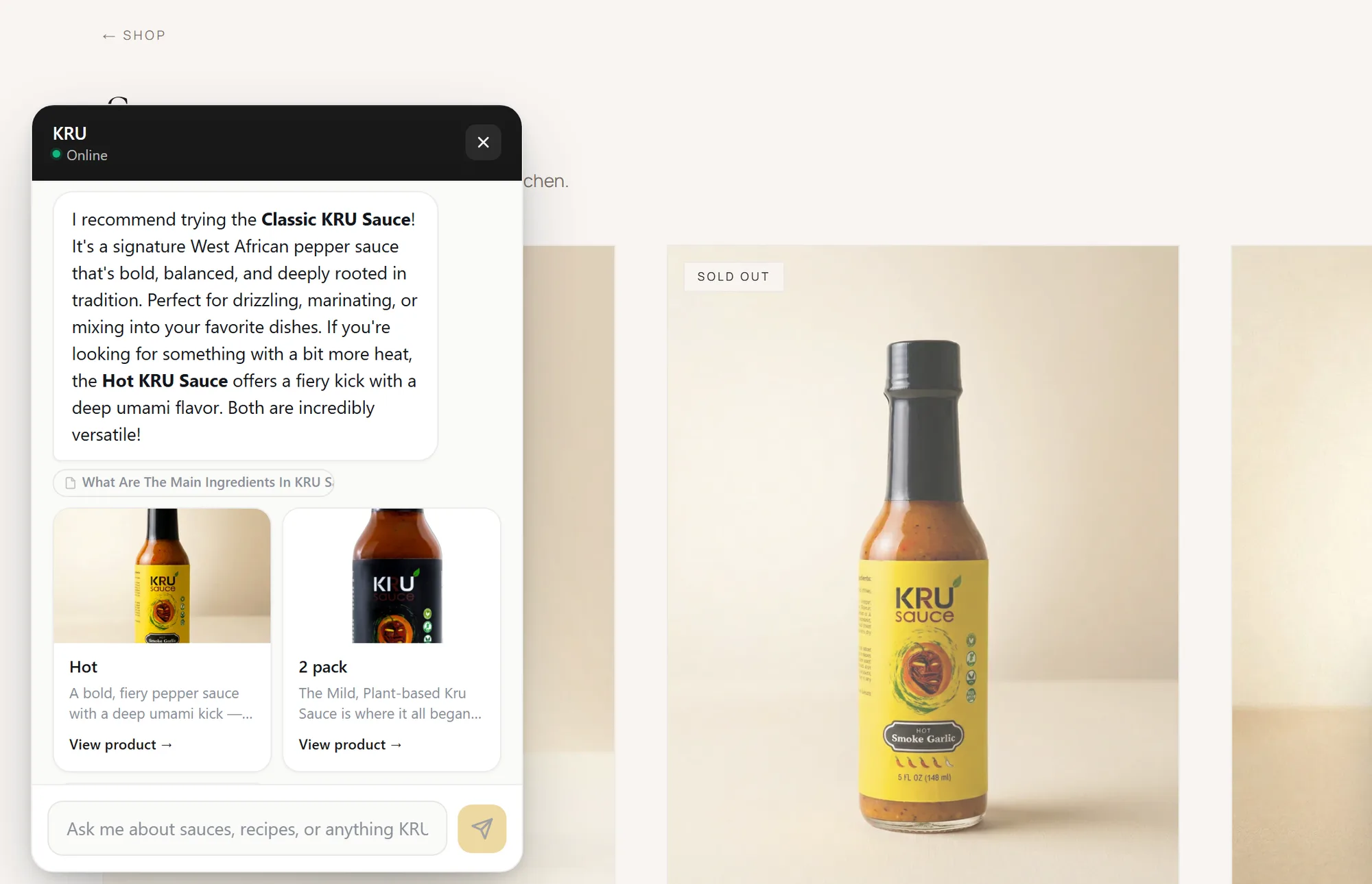 KRU — A shopping assistant on every page that answers in plain language and links to the product it recommends.