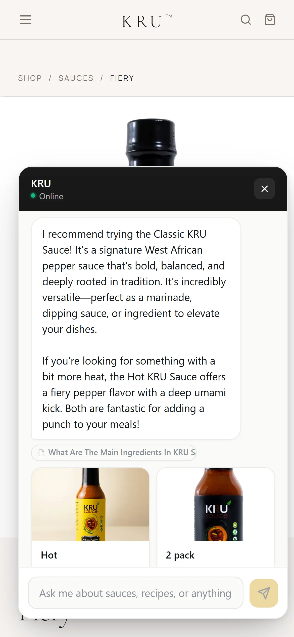KRU · the same assistant inside the store, on mobile