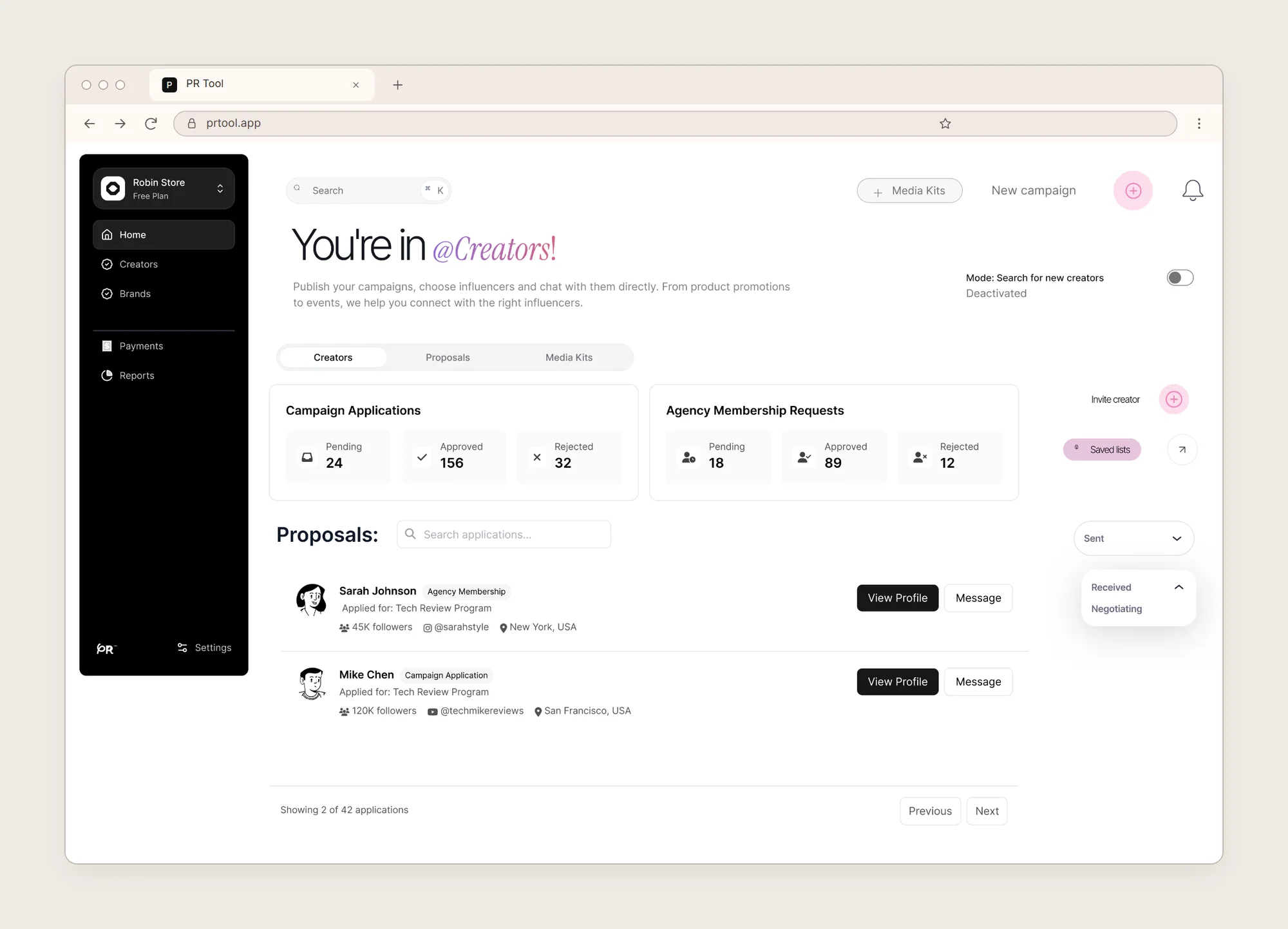 PRTool's creators view: campaign applications by status and the list of proposals