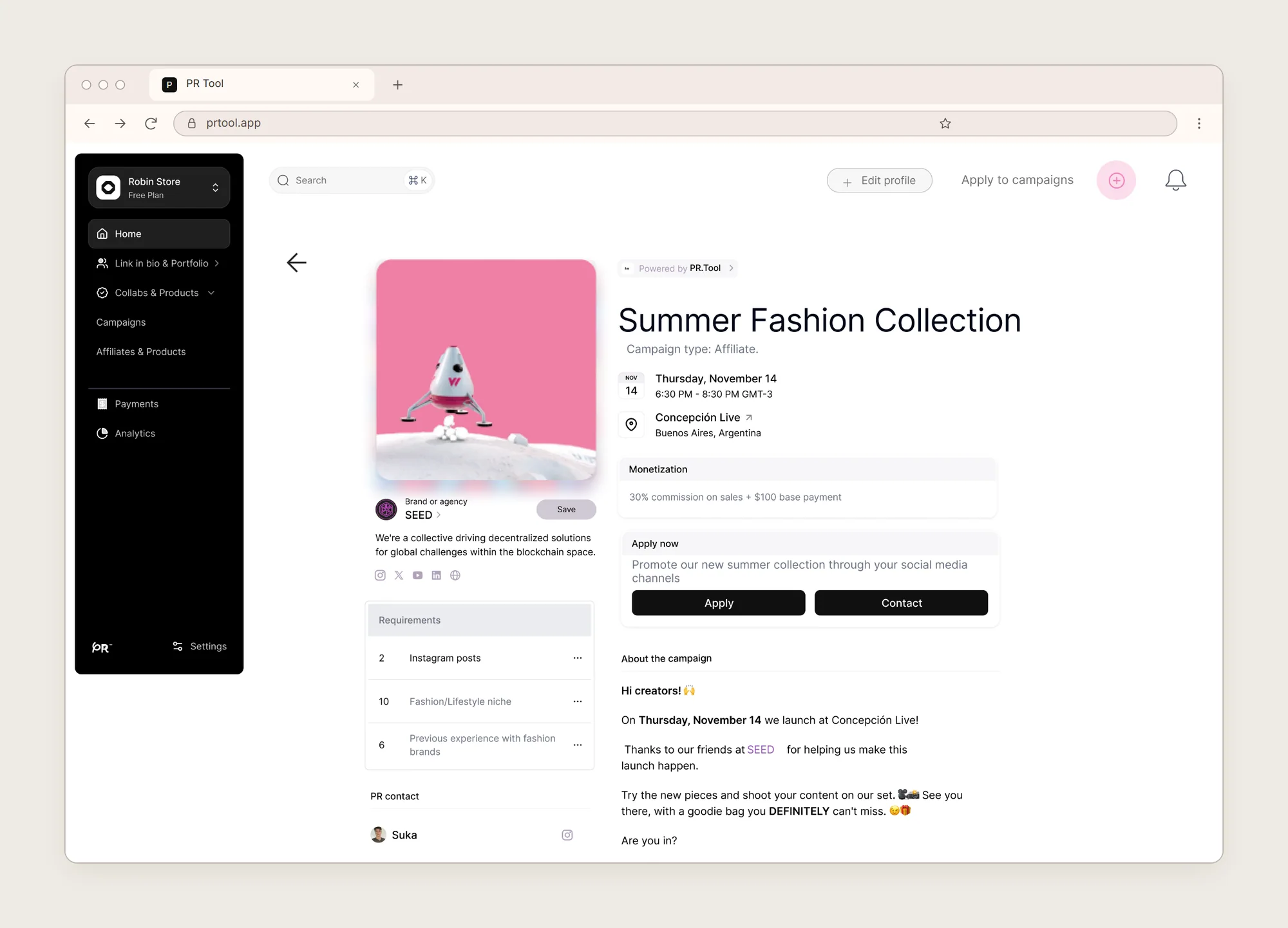 A PRTool campaign page with its date, monetization, requirements and the Apply button