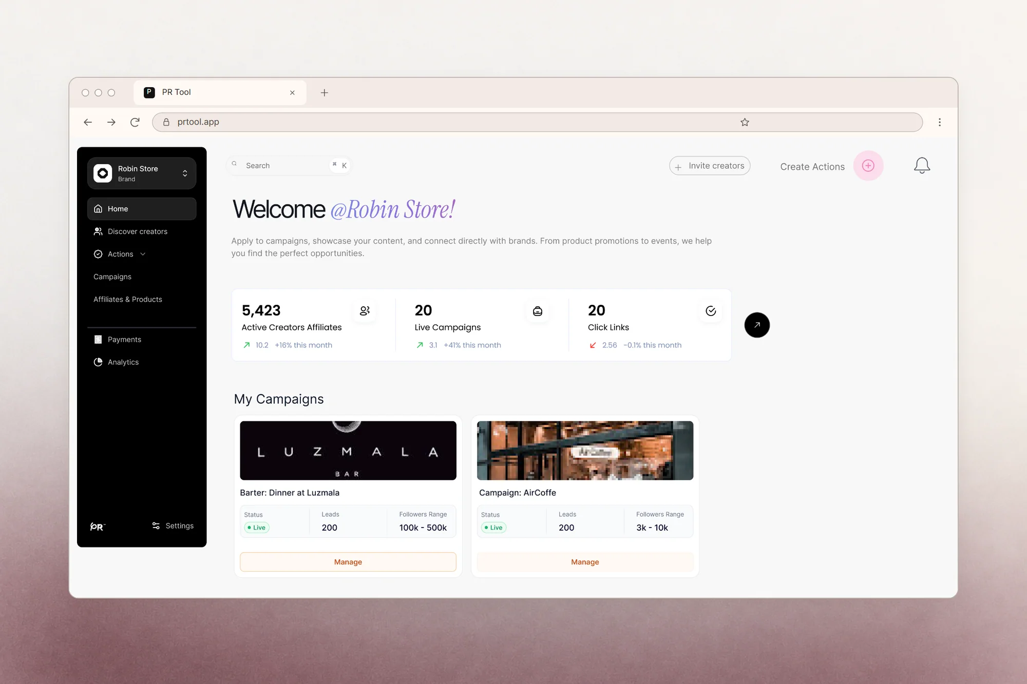 PRTool's brand home: active creators, live campaigns and the campaigns in progress
