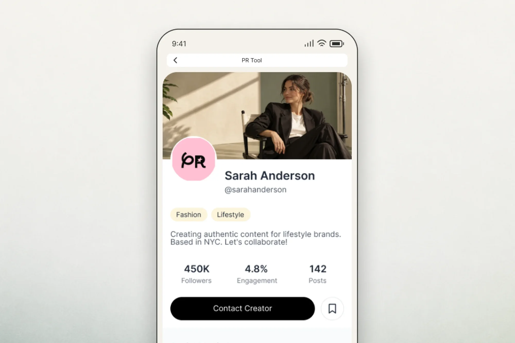 A creator profile in PRTool on a phone: followers, engagement and a Contact Creator button