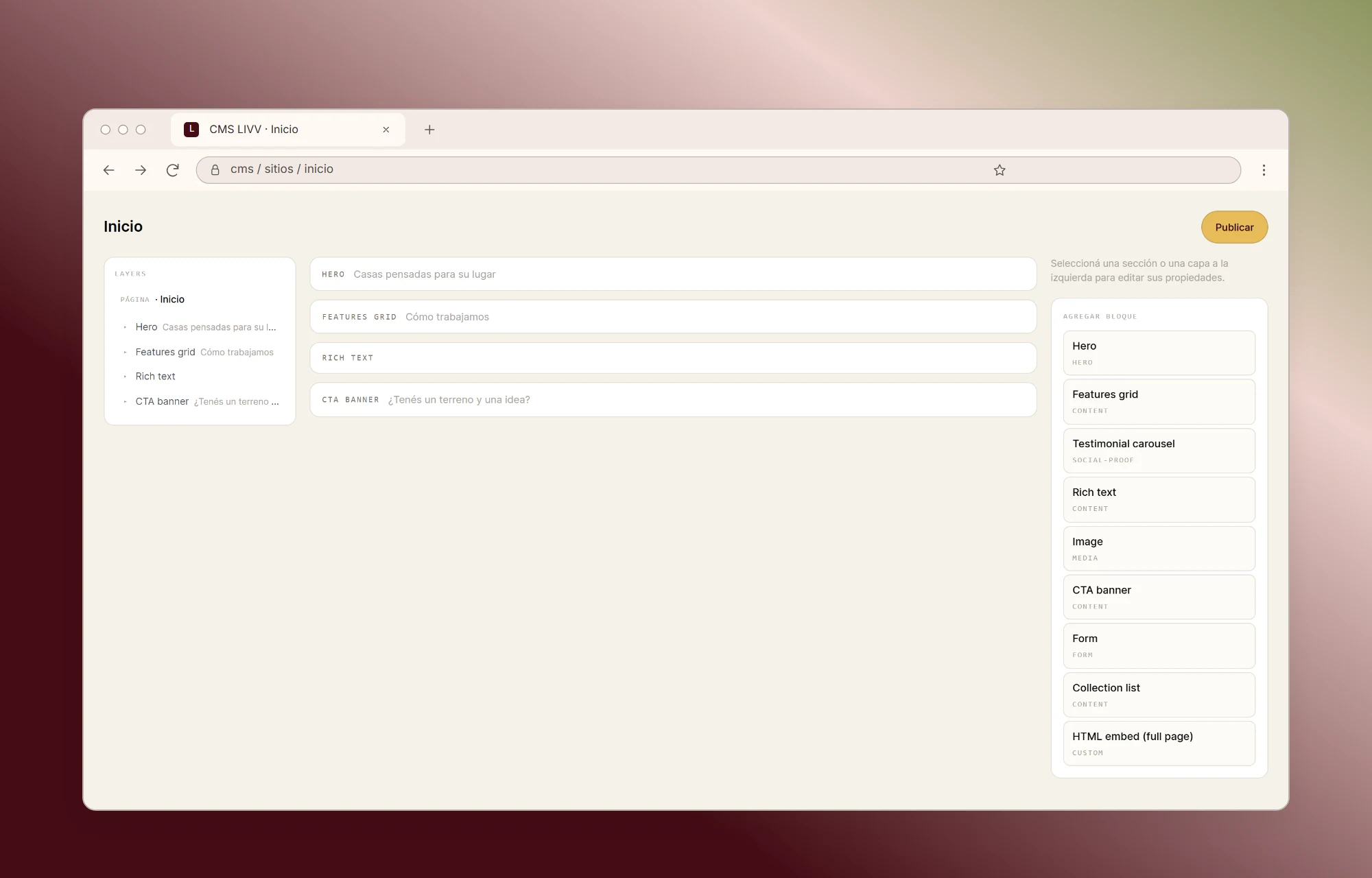 The CMS LIVV page editor: the page's sections and the catalogue of blocks to add
