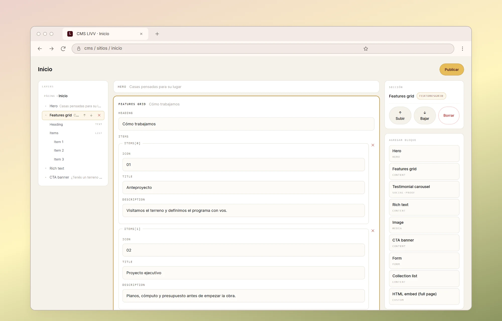 A features block open in the CMS LIVV editor, with its heading and a repeatable list of items