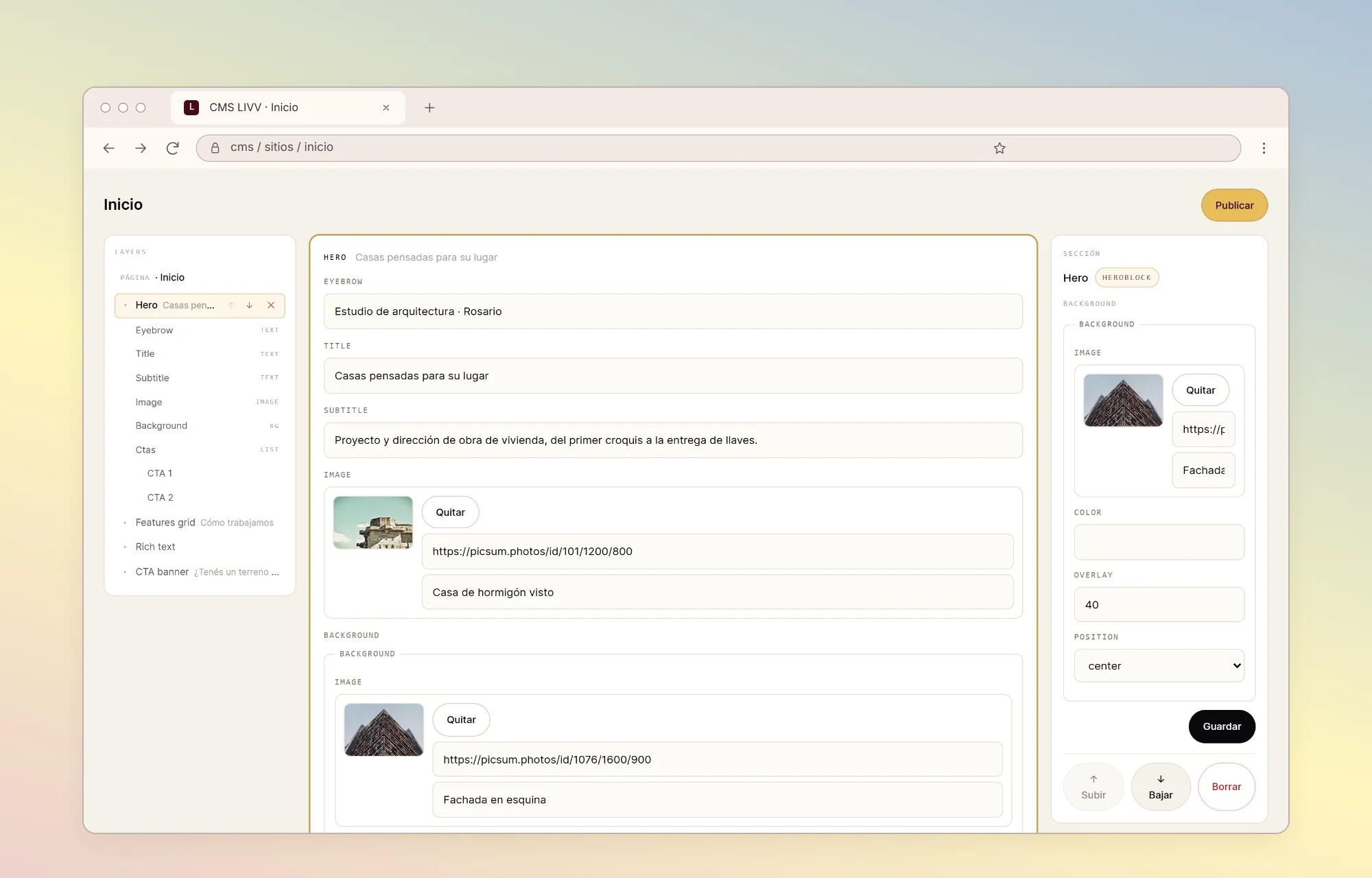 The CMS LIVV page editor with a hero section open: its layers on the left, the fields in the middle and the section's properties on the right
