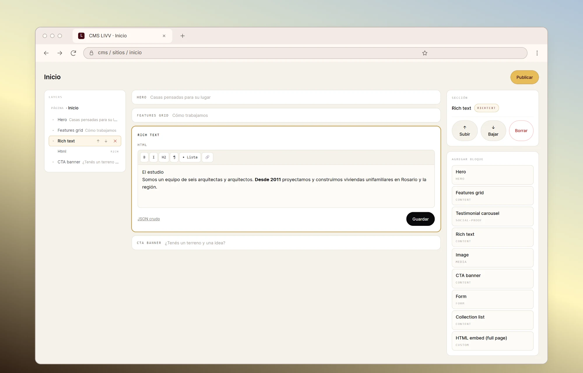 A rich text block being edited in CMS LIVV, with its formatting bar