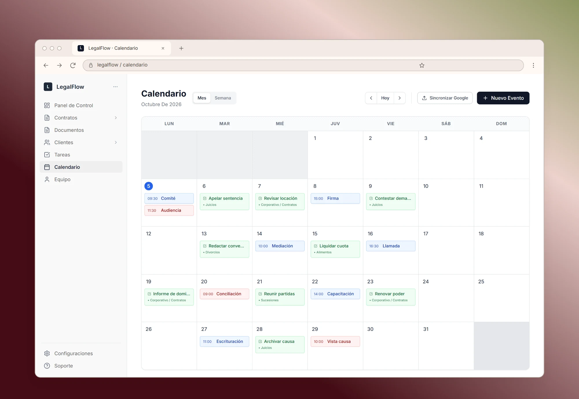 LegalFlow's calendar for a month, with hearings, signings and task deadlines