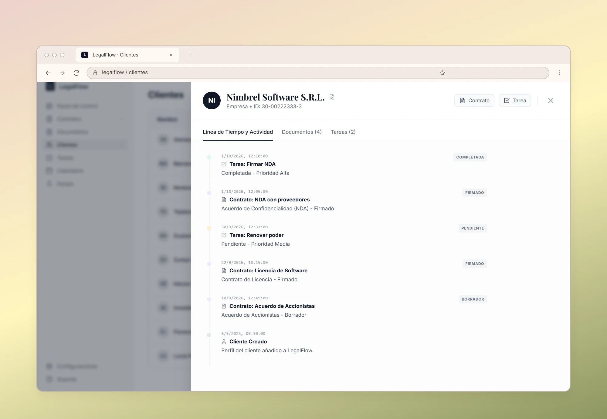 A client's timeline in LegalFlow: signed contracts, drafts and tasks in date order