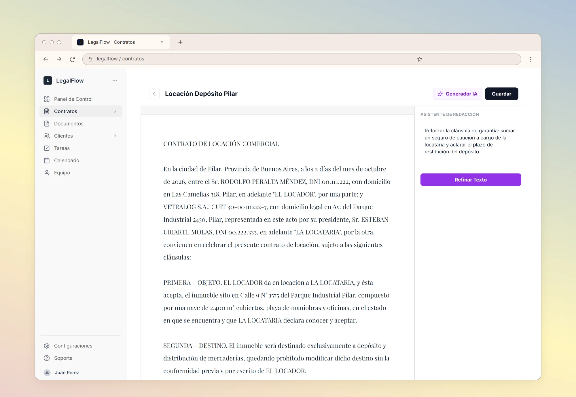 A lease contract open in LegalFlow, with the drafting assistant panel on the right