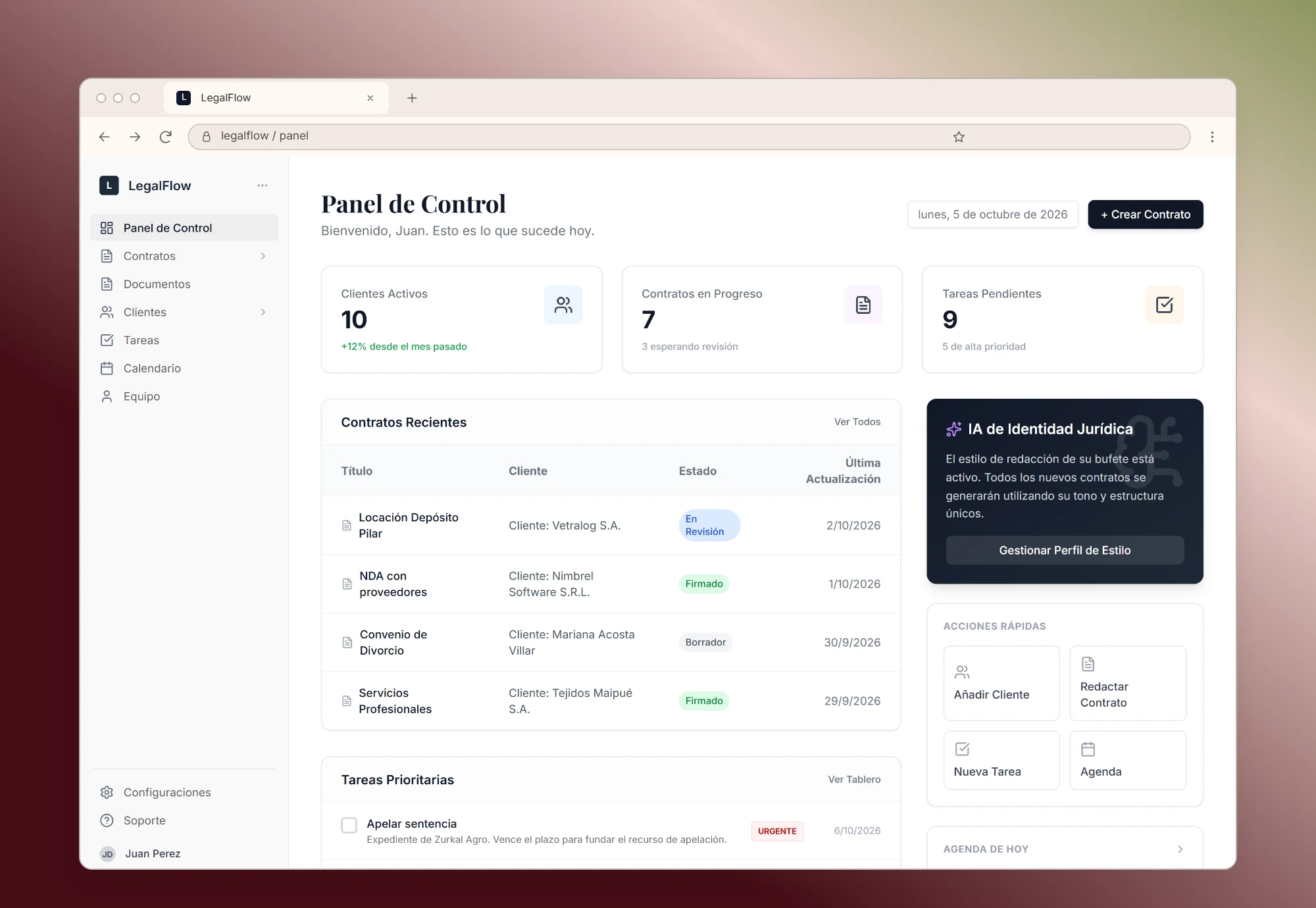 LegalFlow's dashboard: active clients, contracts in progress, pending tasks and the most recent contracts