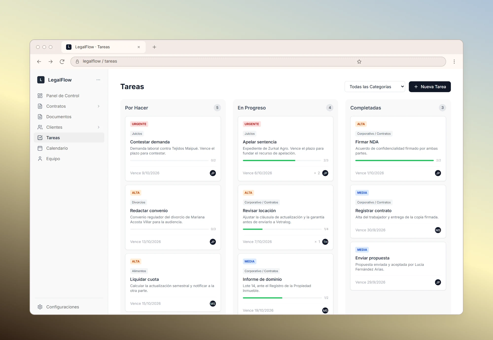 LegalFlow's task board with columns for to do, in progress and completed