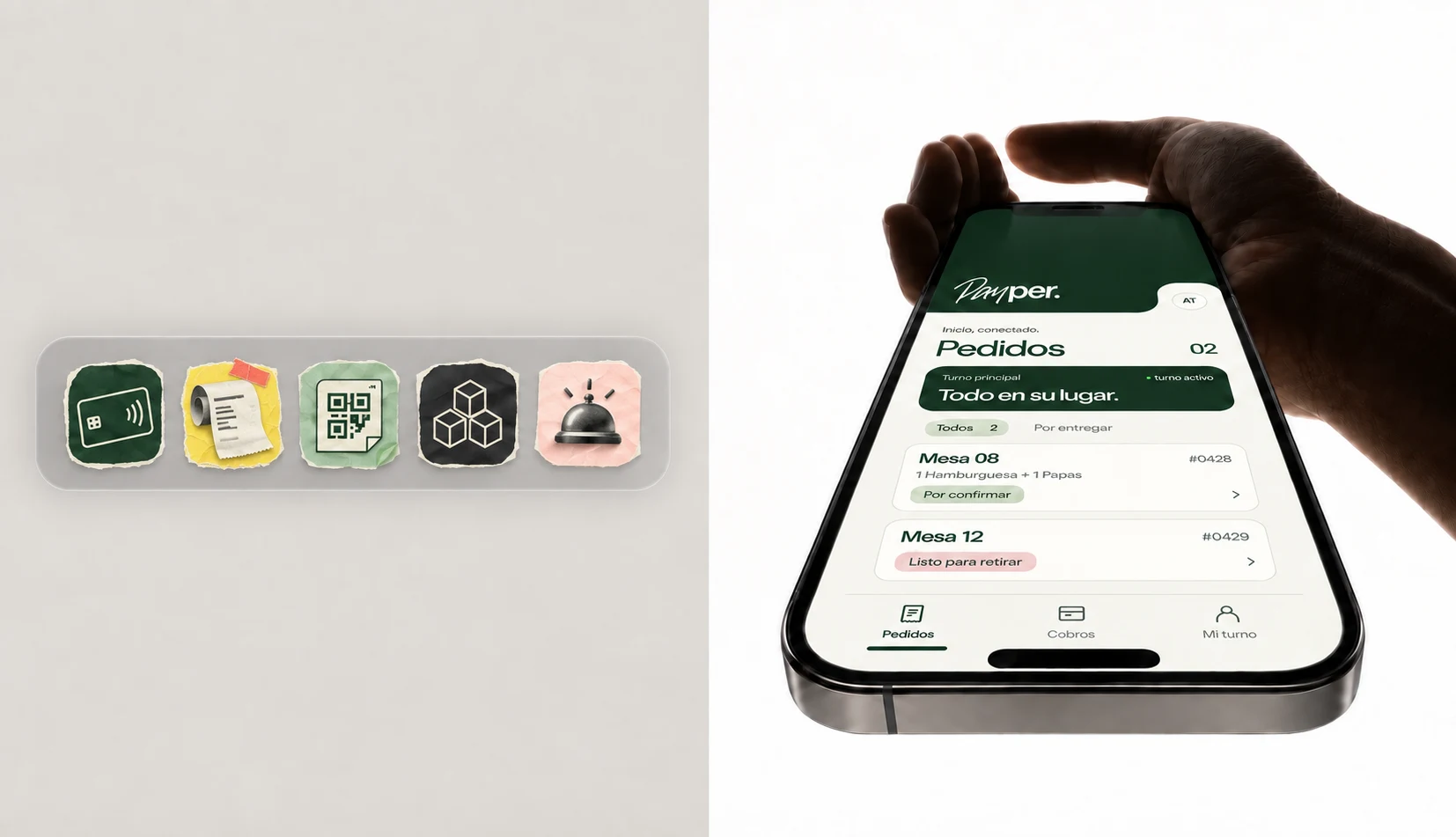 The Payper orders screen on a phone, next to the icons of its modules: cashless card, receipt, QR code, stock and service bell