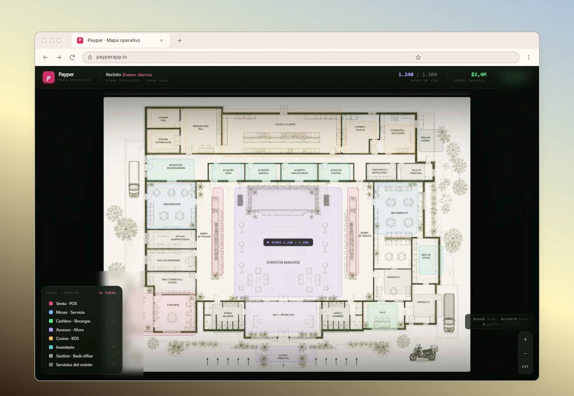 Payper's operations map: the floor plan of an events venue with its modules as layers and live capacity