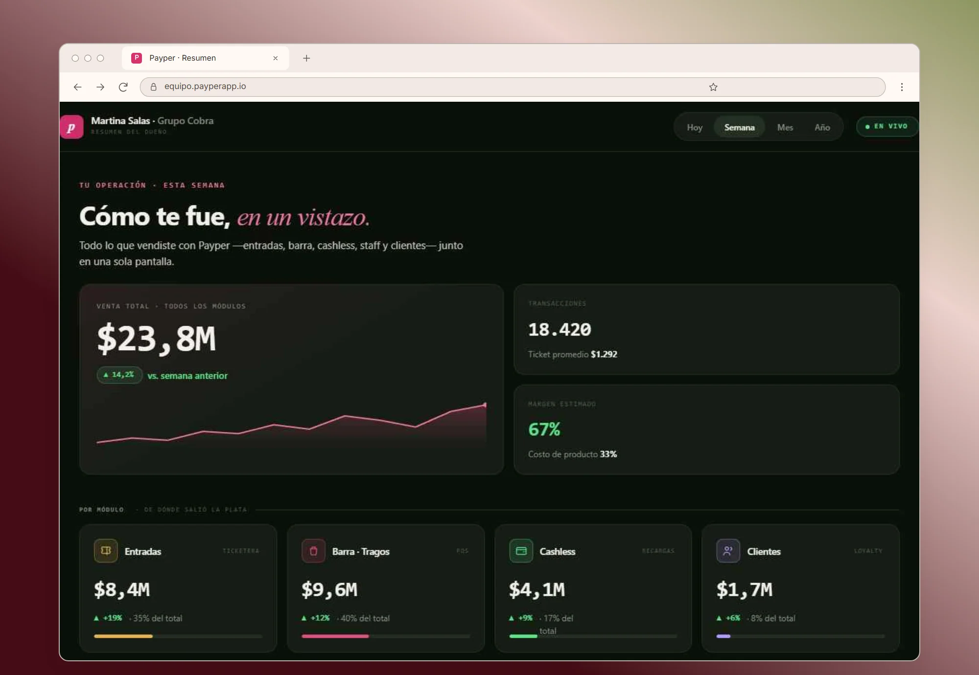 Payper's owner summary: total sales for the week, transactions, estimated margin and sales by module